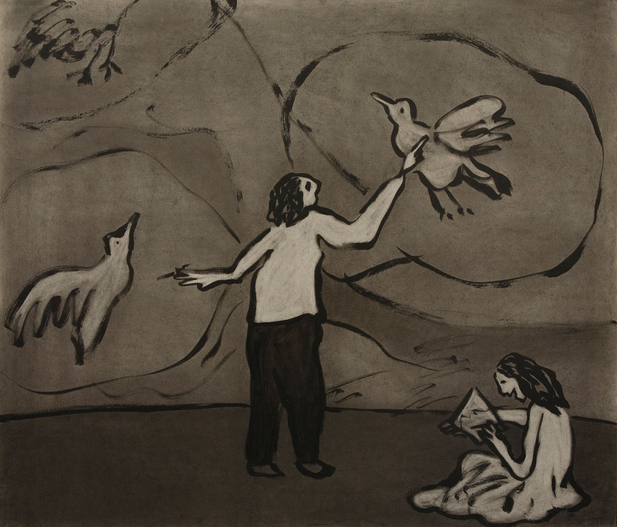 <em>Bird Drawing Hour</em>, 1996. Ink and charcoal on paper, 30 x 40 in. (76 x 102 cm)
