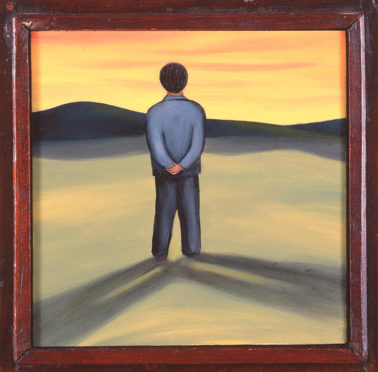 <em>Man with Two Shadows,>, 1985. Oil on wood, 7 x 7 in.</em>